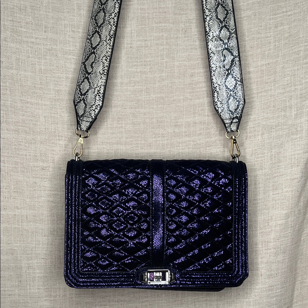 Rebecca Minkoff dark purple shimmer Love Shoulder Bag with Snake Print Strap